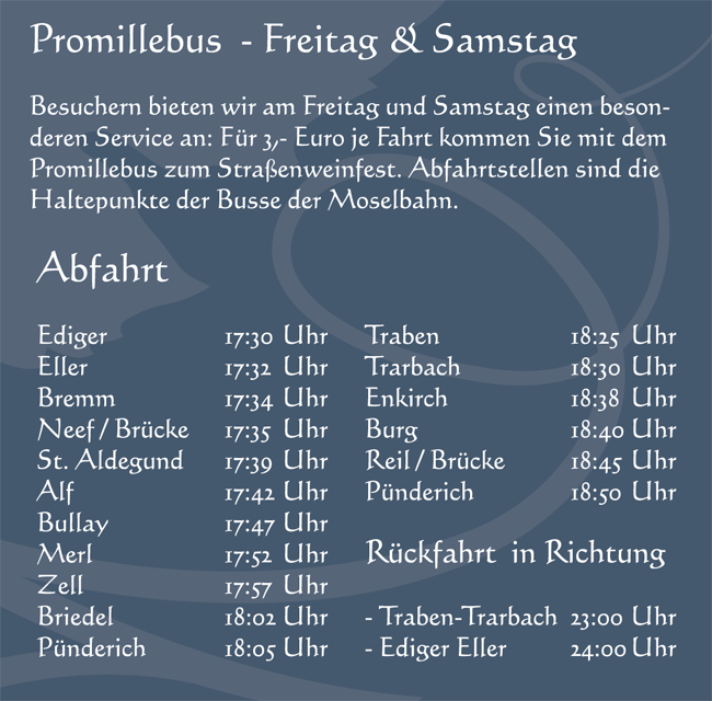 Fahrzeiten Promillebus Strassenweinfest 2015